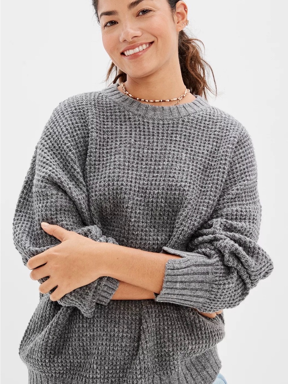 AE Oversized Waffle Knit Sweater - Taupe